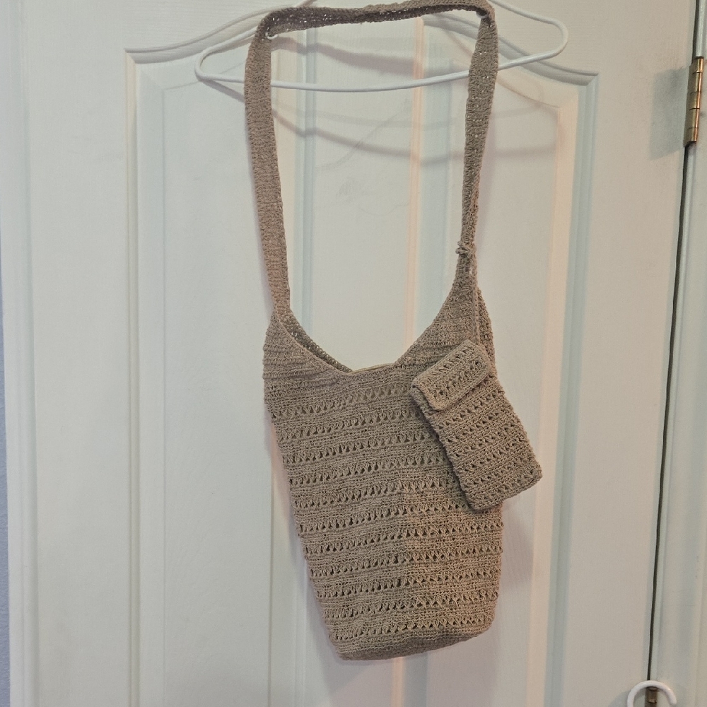 Handcrafted Tan Crochet Shoulder Bag W/Detachable Sunglass Or Phone Holder